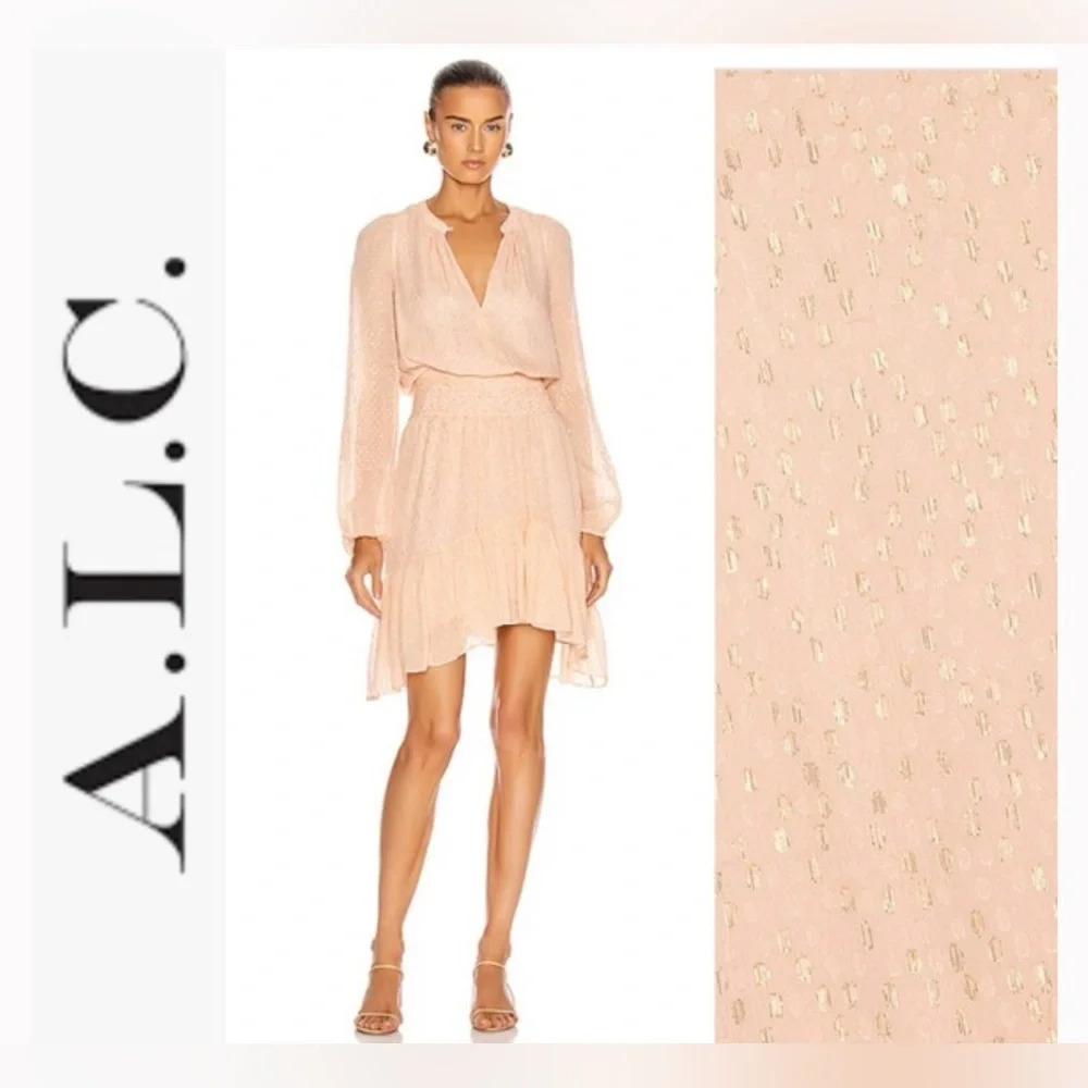NWT A.L.C. Sidney Silk Dress in Pale Pink and Metallic Gold 0